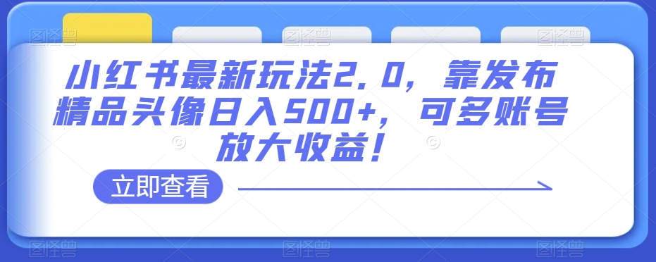 小红书最新玩法2.0，靠发布精品头像日入500+，可多账号放大收益！