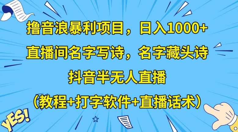 撸音浪暴利项目，日入1000+，直播间名字写诗，名字藏头诗，抖音半无人直播（教程+打字软件+直播话术）